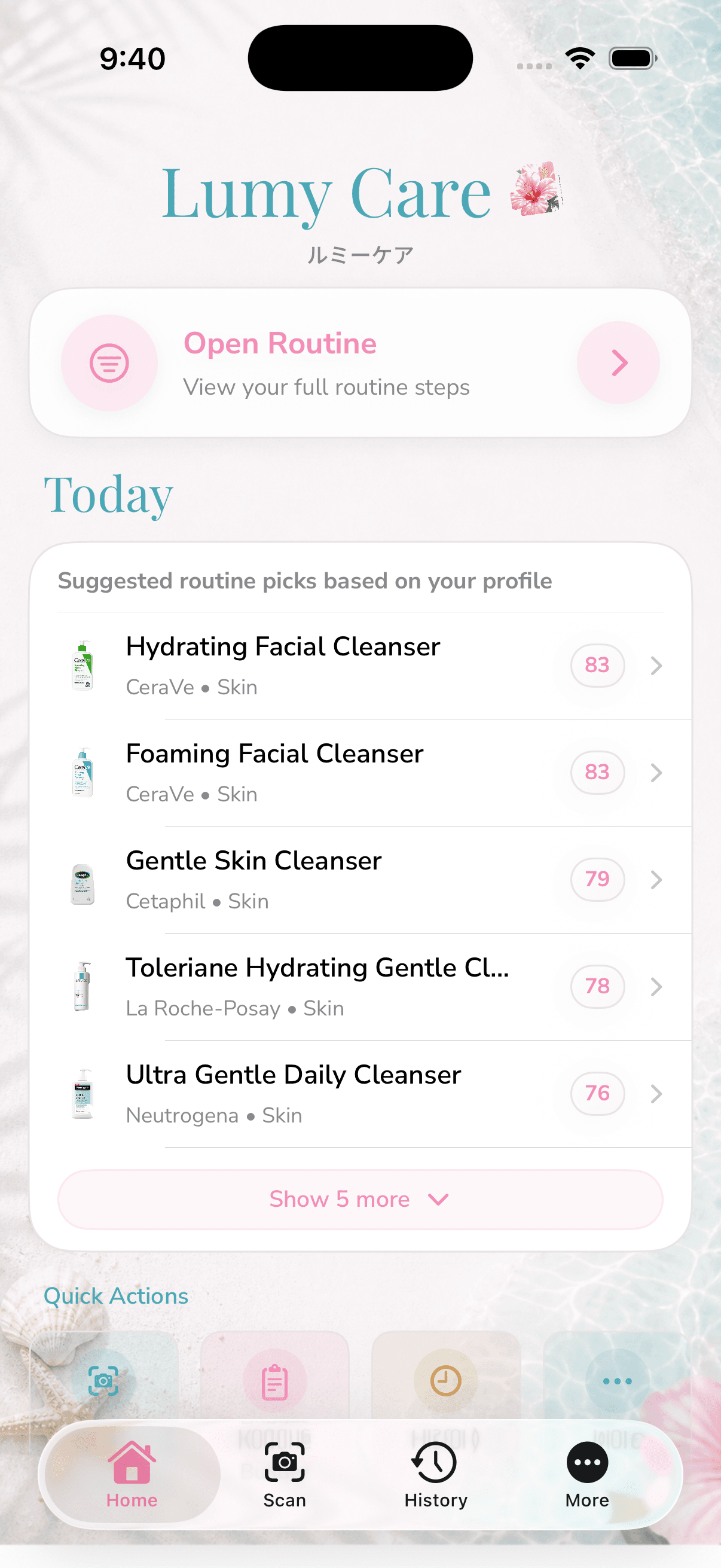Lumy Care home screen with recommended routine picks